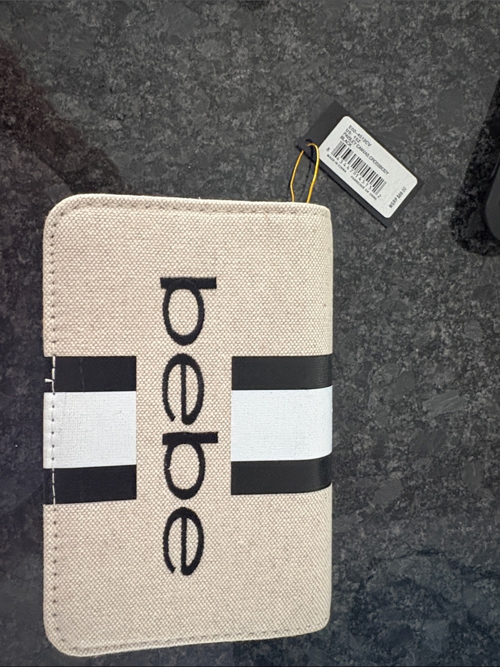 bebe Beige Canvas Zip Wallet with Black & White Stripes